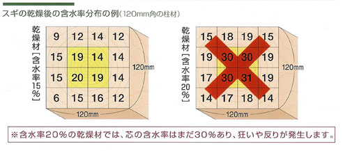 杉の乾燥後の含水率分布の例